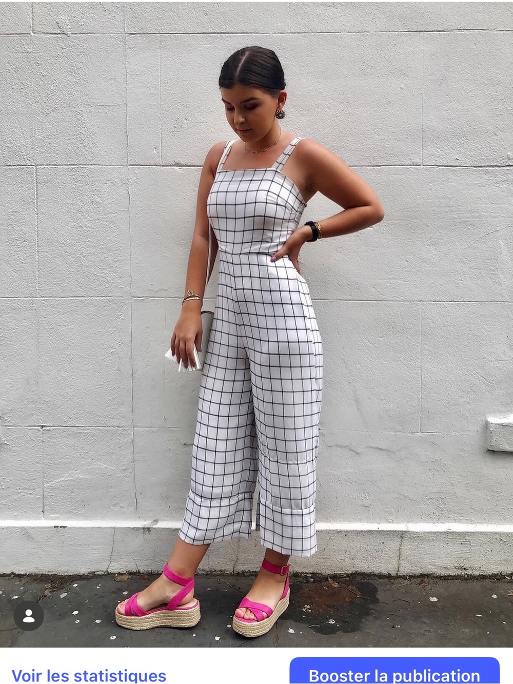 White Grid Square-Neck Wide-Leg Jumpsuit